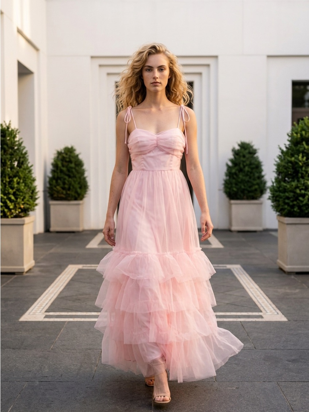 SALE Lulu's Blush Pink Tiered Tulle Maxi Dress with Spaghetti Ties